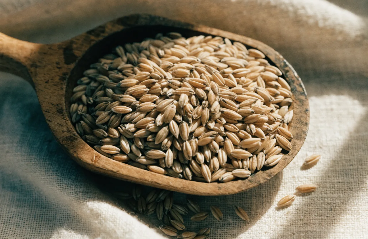 Whole barley grains filling a worn wooden scoop on a linen cloth, a few grains scattered beside it.
