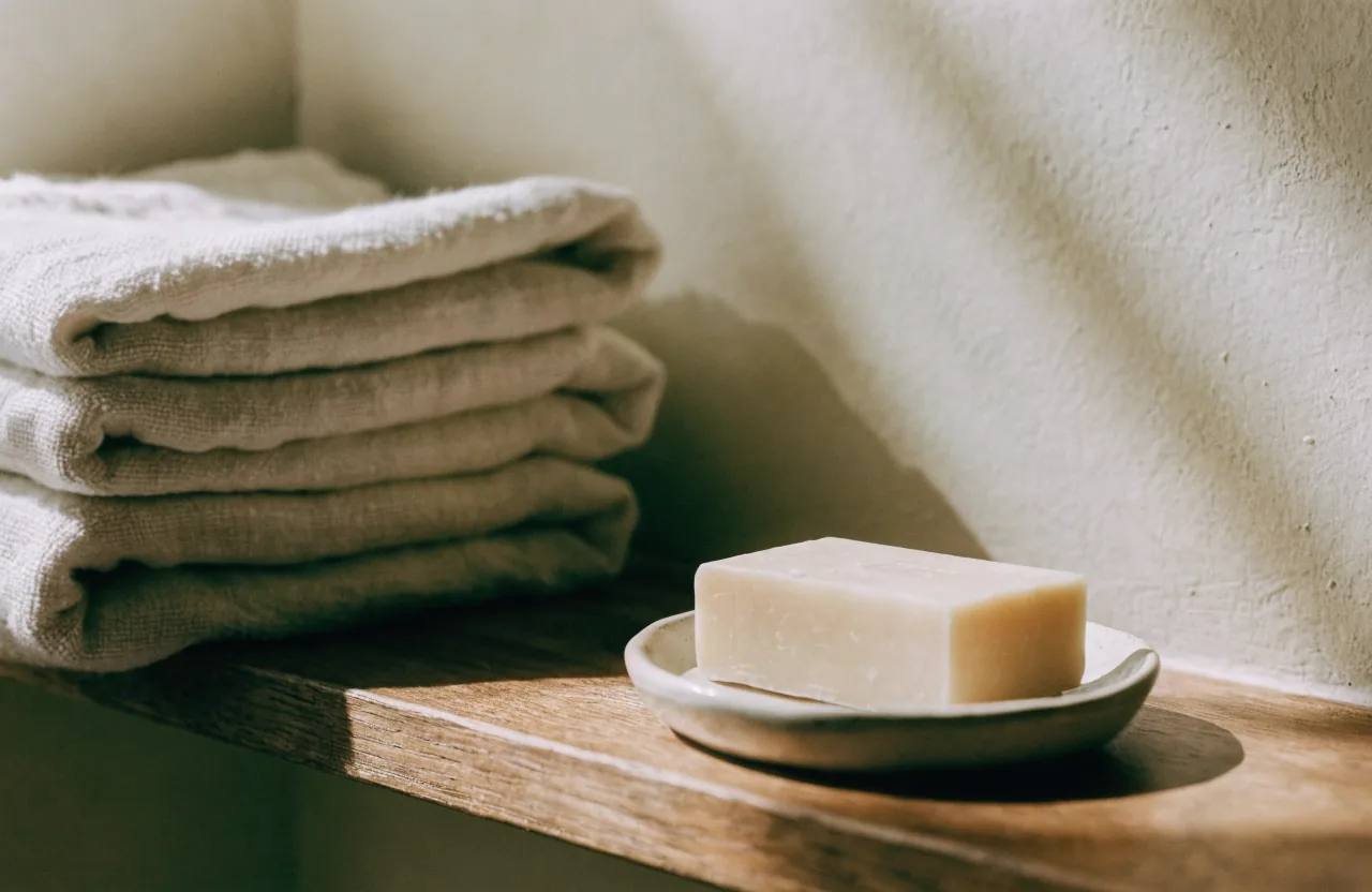 Folded natural linen towels beside a plain soap bar on a ceramic dish on a wooden bath shelf.