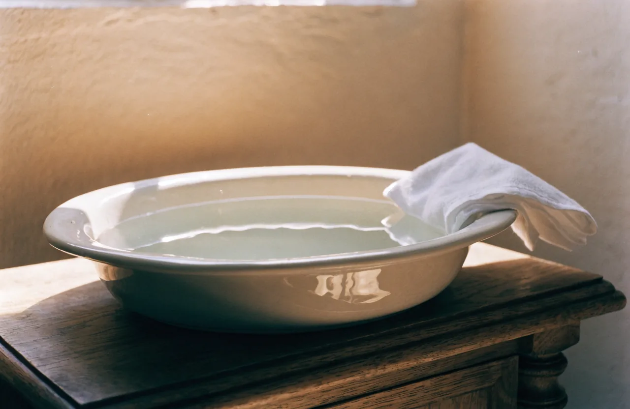 A wide ceramic basin of clear water on a wooden washstand with a folded white cloth on its edge.